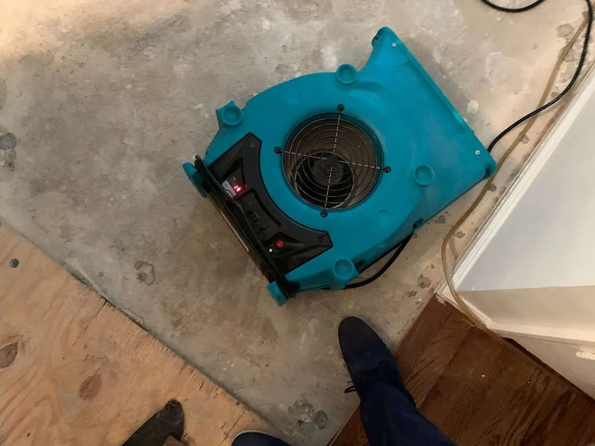 Air mover drying subfloor during Commercial Water Damage Restoration in Rochester